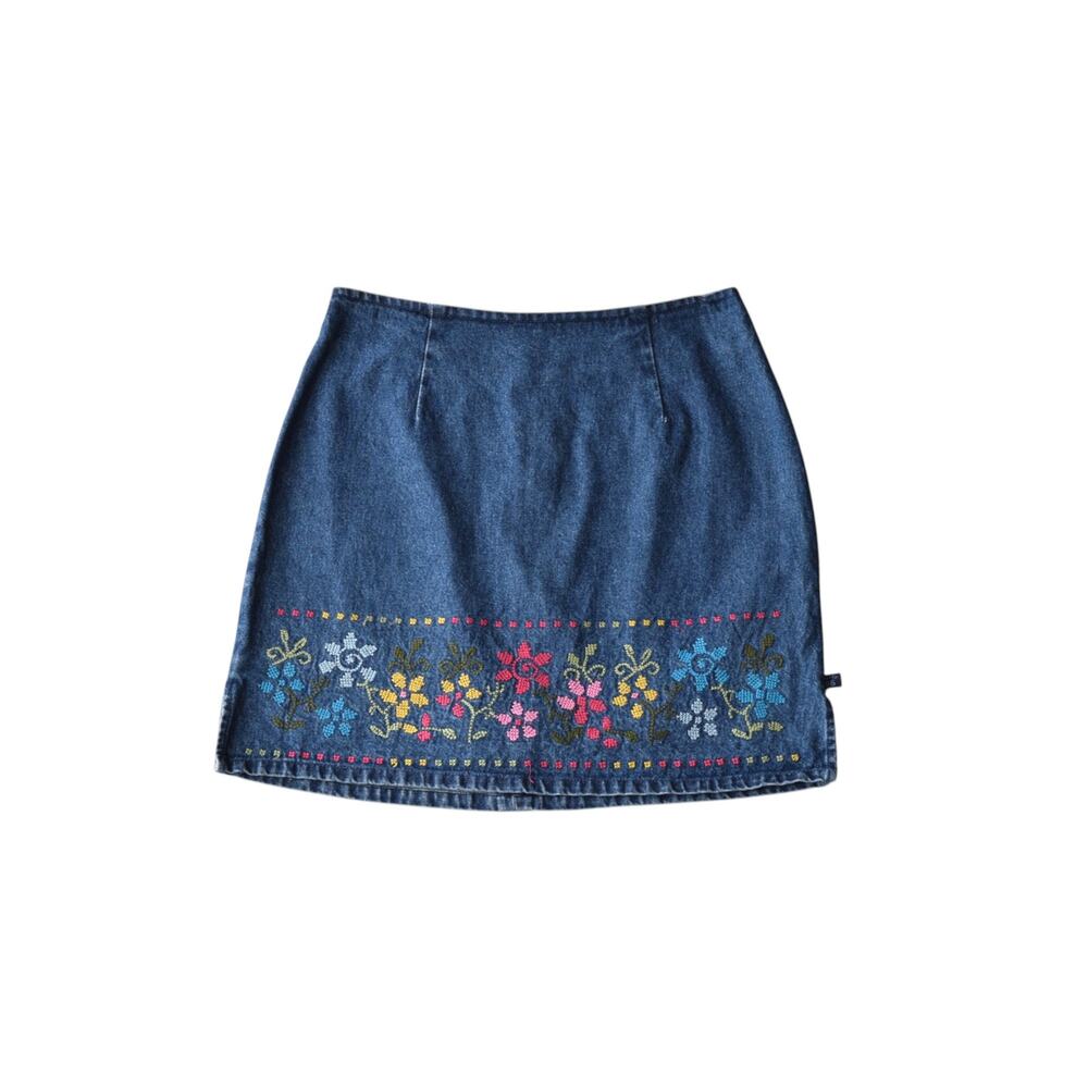 VTG 90s Route 66 Embroidered Denim Mini Skirt - Boho Floral Jean Skirt - Small